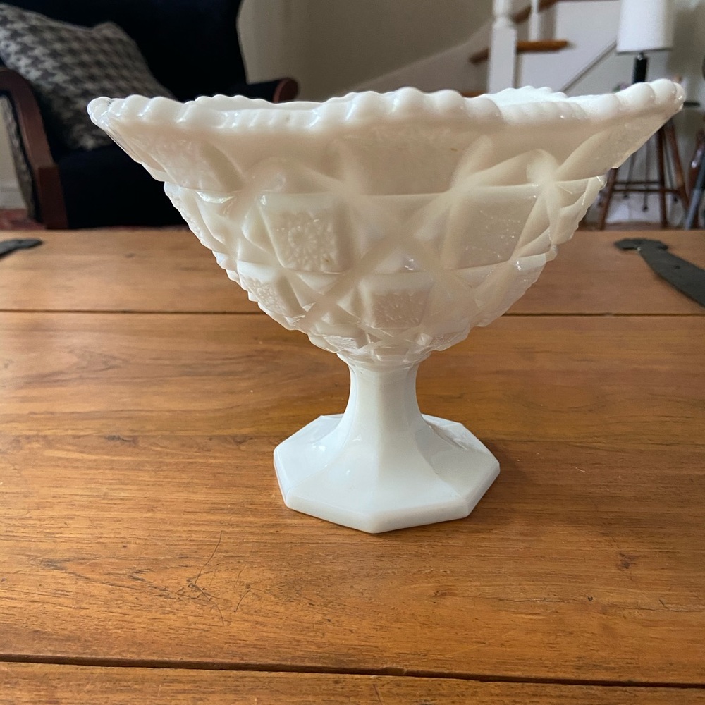 Vintage Milk Glass Floral Pedestal Bowl